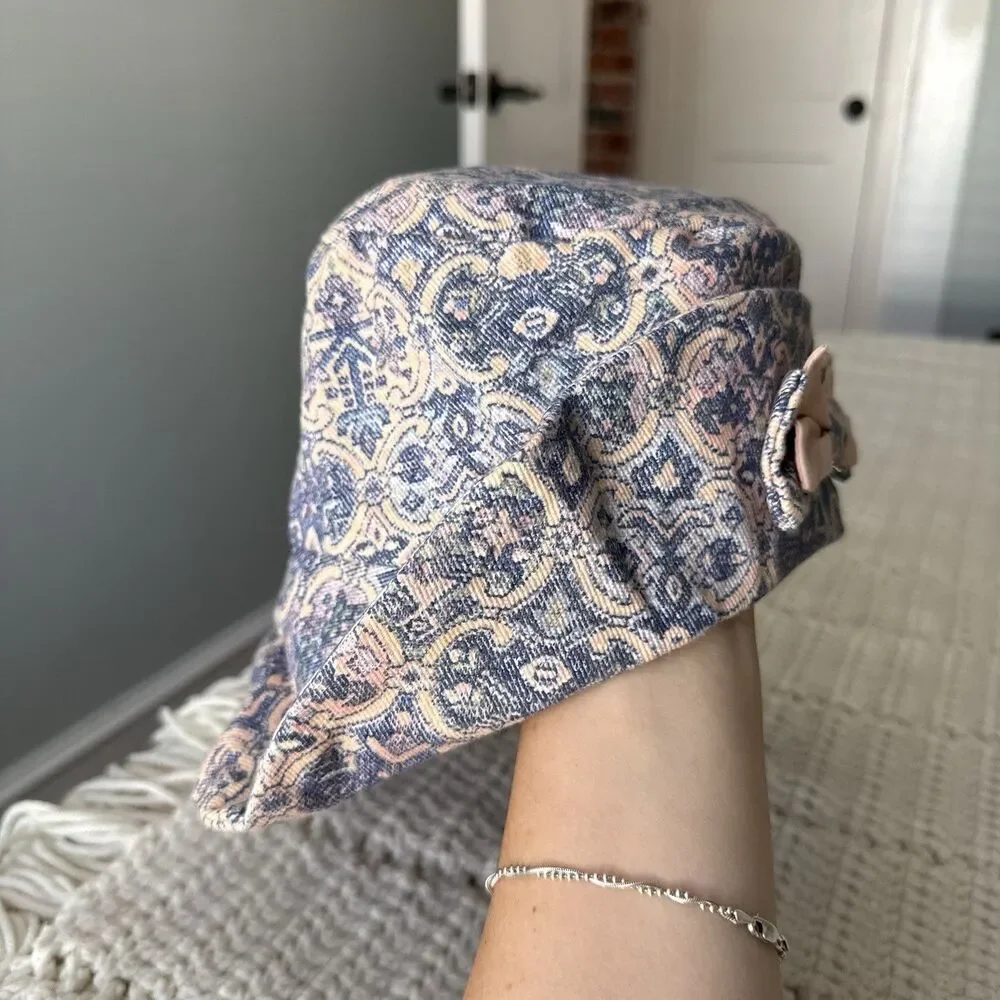 VTG 1990s Children’s Pastel Soft Denim Paisley Bucket Hat With Bow Pink Blue